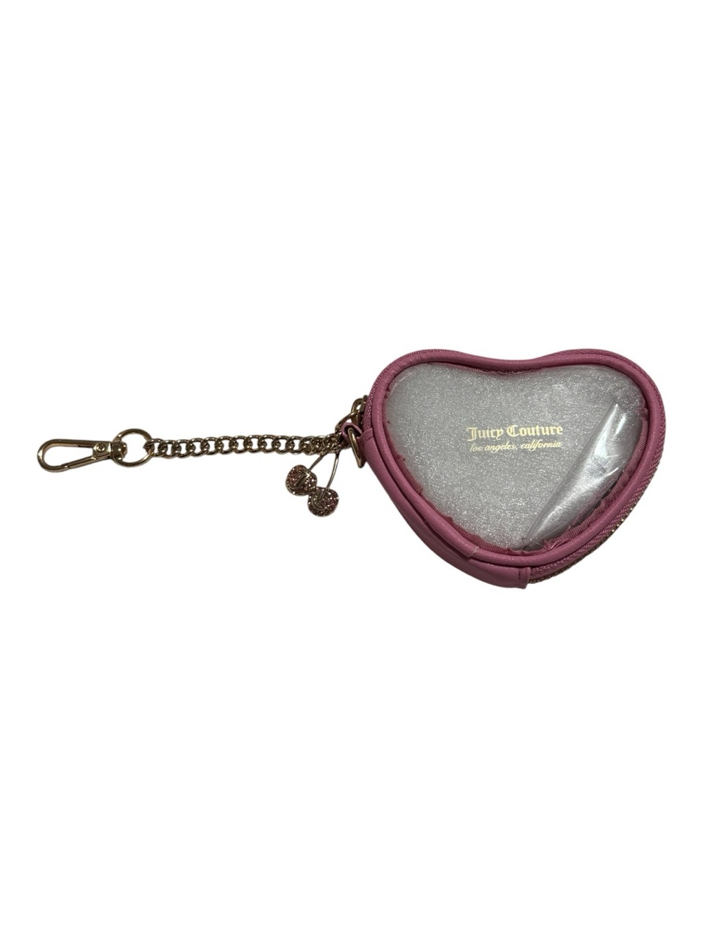Juicy Couture Keychain Wristlet Coin Purse Pink Gold Cherry Heart Shaped NWOT